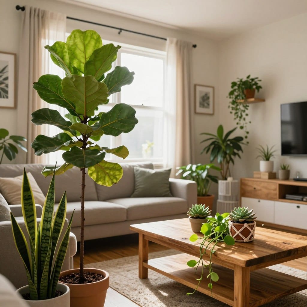 A cozy apartment living room featuring a variety of chic, apartment-friendly indoor plants. In the foreground, a stylish potted fiddle leaf fig with large, bright green leaves stands beside a small, decorative snake plant with sleek, upright foliage. In the middle, a rustic wooden coffee table showcases a charming succulent arrangement and a vibrant pothos hanging in a macramé planter. The background reveals a sunlit window with sheer curtains, filtering warm natural light that creates a soothing atmosphere. The room is tastefully decorated with neutral tones and modern furnishings, evoking a fresh and inviting mood. Shot with a wide-angle lens to capture the inviting space from a slight upward angle, enhancing the sense of depth and comfort.