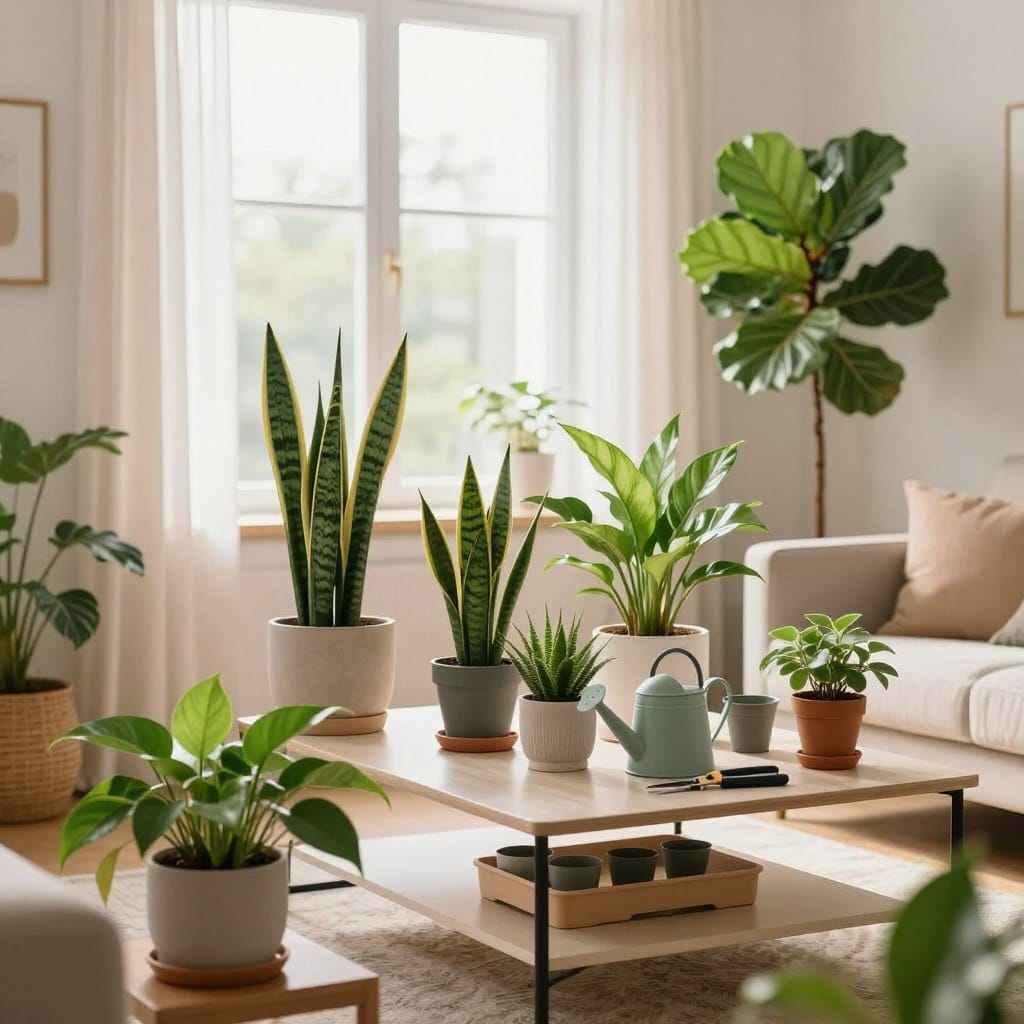 A cozy apartment living room filled with an array of stylish indoor plants, showcasing essential care tips for plant thriving. In the foreground, a variety of healthy plants like pothos, snake plants, and fiddle leaf figs in decorative pots and planters. The middle ground features a sleek coffee table with gardening tools, such as a watering can, pruning shears, and a small potting tray. In the background, a sunlit window draped with sheer curtains fosters a warm atmosphere, allowing natural light to illuminate the space. The overall mood is fresh and inviting, with soft pastel colors and a clean, modern aesthetic. The scene is captured with soft focus, emphasizing the plants while the rest of the room is slightly out of focus, creating a serene ambiance perfect for plant care.