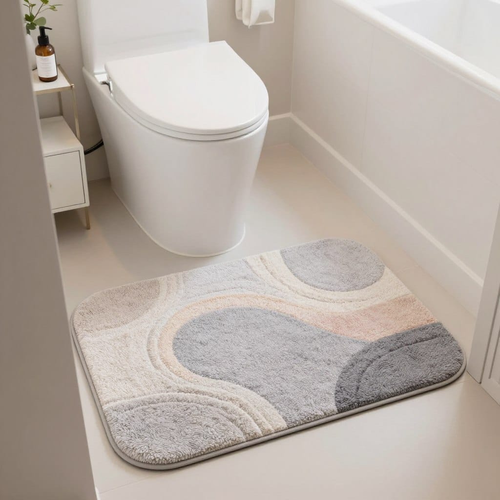 A cozy bathroom scene featuring a compact toilet area adorned with stylish contour rugs. In the foreground, showcase a soft, plush contour rug in a modern geometric shape, nestled around a toilet. The rug should have a subtle color palette, blending light grays and pastels to create a serene ambiance. In the middle, display a neatly organized bathroom space with minimal decor, including a sleek toilet and a small cabinet for toiletries. The background should feature soft lighting that evokes a calm atmosphere, perhaps with a hint of greenery from potted plants. Capture the scene from a slightly angled perspective, focusing on the rug's texture and the harmonious design elements that optimize the small space. The overall mood should feel inviting and contemporary, suitable for modern living.