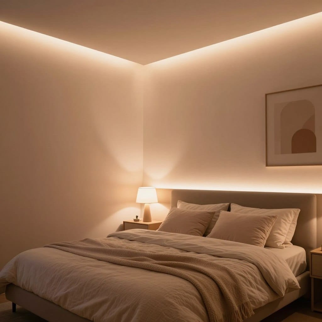 A cozy bedroom featuring soft cove lighting that casts a warm, inviting glow on the walls, creating an intimate atmosphere. In the foreground, a plush bed with textured bedding sits gracefully, adorned with fluffy pillows and a cozy throw. The middle of the scene showcases an elegant cove lighting installation along the ceiling, illuminating warm pastel hues, while strategically placed LED strips gently highlight the contours of furniture like nightstands and a bedside lamp. The background includes soft, muted artwork that complements the overall ambiance. A gentle, diffused light enhances the mood, captured from a low angle to accentuate the inviting glow, reflecting a serene and romantic feel ideal for relaxation and intimacy.
