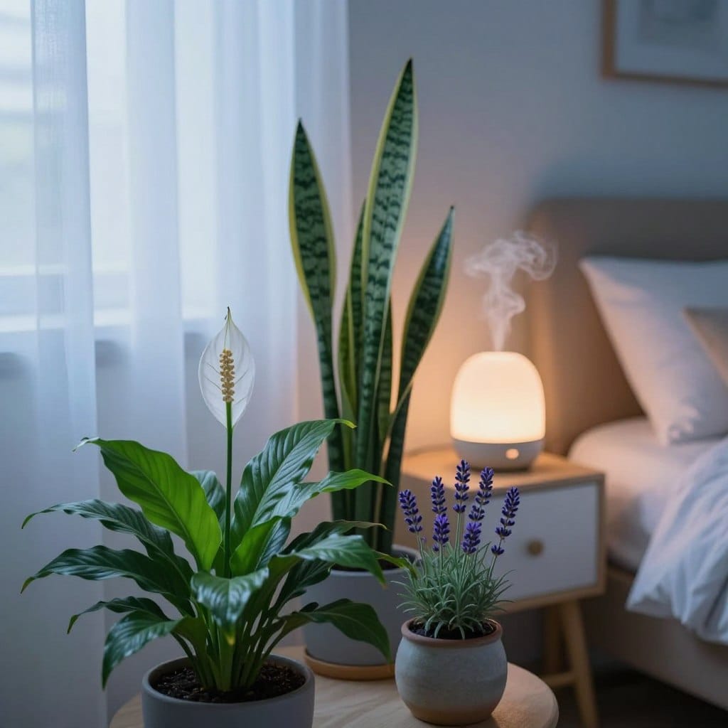 A cozy bedroom infused with a calming ambiance, featuring an arrangement of houseplants known for promoting better sleep. In the foreground, a peace lily with lush green leaves and delicate white blooms, beside a small ceramic pot of lavender, with soft purple flowers. In the middle, a tall snake plant standing elegantly next to a bedside table, where a calming diffuser emits a subtle mist. In the background, soft, ambient light filters through sheer curtains, illuminating a serene atmosphere. The room is decorated in soothing tones of blue and white, enhancing the sense of tranquility. A soft-focus creates an inviting, peaceful mood, perfect for a good night's sleep. No people or text present.