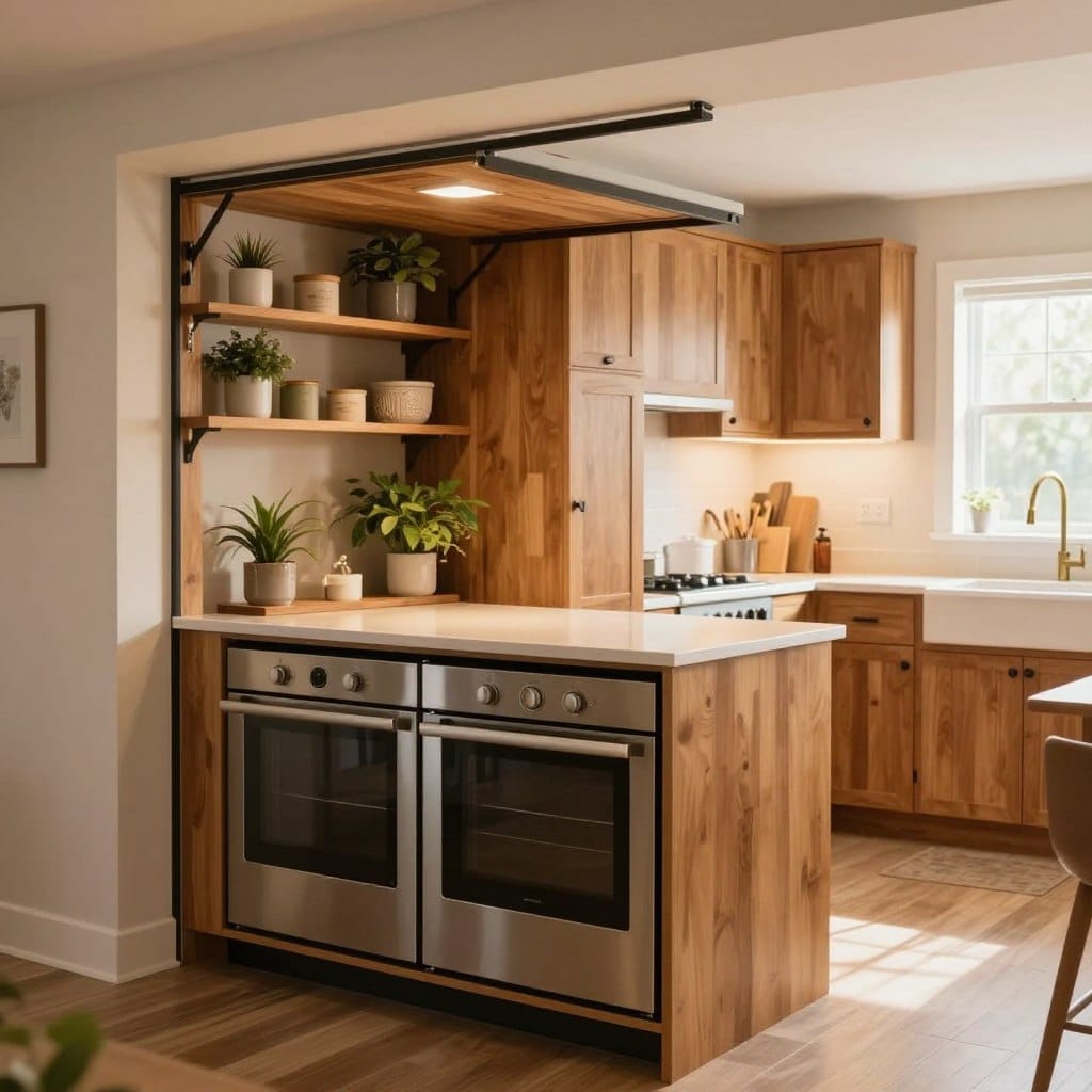 A cozy, budget-friendly kitchen featuring an appliance garage and a custom nook for optimized storage. In the foreground, the appliance garage showcases cleverly concealed built-in appliances, with a sleek countertop designed for easy access. The kitchen nook features open shelving with decorative containers and plants, creating an inviting atmosphere. Mid-background displays modern cabinetry in warm wood tones, complemented by stylish hardware. The backdrop includes a window allowing natural light to flood the room, illuminating the cheerful space. Soft, warm lighting enhances the inviting mood, while a slight overhead angle captures the harmonious layout. The overall vibe is functional yet stylish, embodying a smart, space-efficient kitchen design ideal for small remodels.