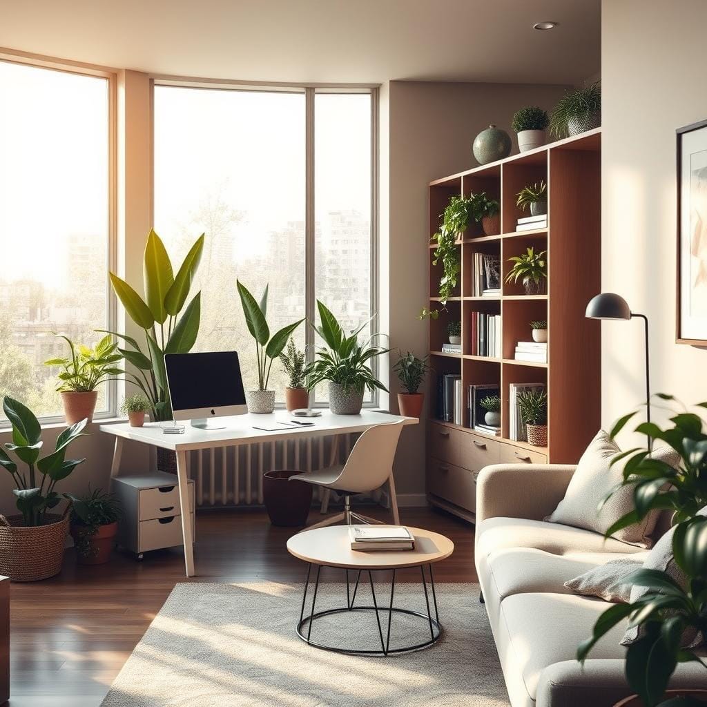 A cozy, camouflaged home office tucked away in a modern living space. In the foreground, a sleek, minimalist desk is seamlessly integrated into a stylish bookshelf, surrounded by various indoor plants providing a touch of nature. The middle ground showcases a soft armchair and a small coffee table, emphasizing the multifunctional aspect of the space. The background features large windows letting in warm, natural light, casting gentle shadows across the room. The atmosphere is inviting and peaceful, with a color palette of earth tones and soft greens. Photograph taken from a slightly elevated angle, emphasizing the workspace’s hidden yet accessible design within the overall home decor.