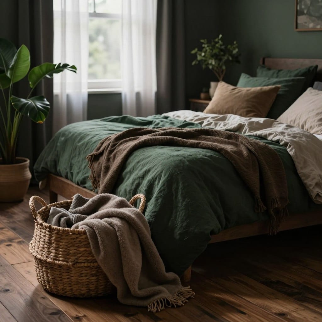 A cozy dark bedroom featuring natural elements, with layers of texture and muted tones. In the foreground, a large woven basket filled with soft, plush blankets in earthy tones lies on a rustic wooden floor. The middle ground boasts a sumptuous, unmade bed draped with a mix of linen and cotton bedding in deep greens and browns, complemented by scattered decorative pillows made of natural fibers. In the background, a window with sheer curtains lets in a soft, diffused light, casting gentle shadows and creating a tranquil atmosphere. Delicate potted plants with lush leaves add a touch of vibrancy and life. The scene is softly illuminated, emphasizing a romantic and moody aura, ideal for a serene escape.