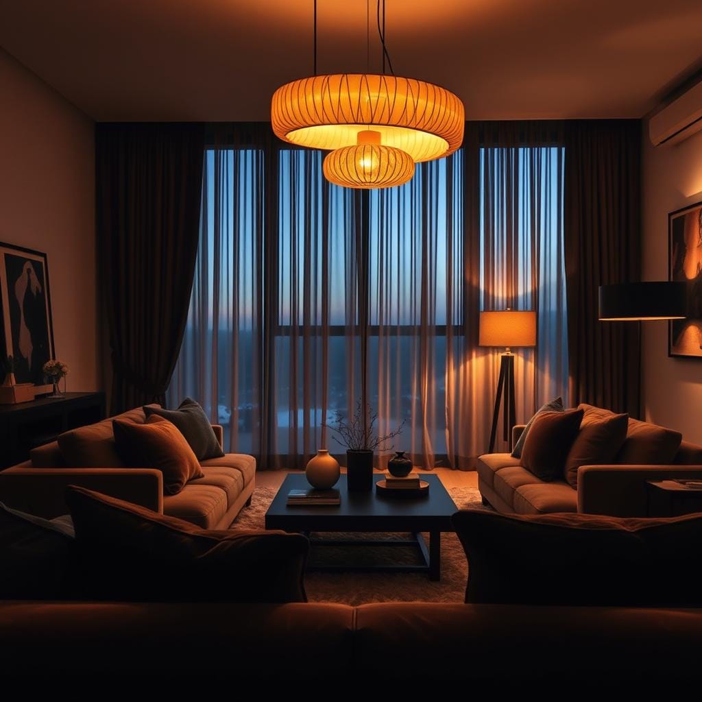 A cozy, dramatic living room interior showcasing contemporary design elements. In the foreground, a plush velvet sofa adorned with deep-toned cushions invites relaxation. The middle ground features a striking coffee table with artistic decor and a soft, luxurious rug. Dramatic lighting fills the space, with sculptural pendant lights casting warm, ambient glows across the room, creating deep shadows and highlighting textures. The background includes stylish curtains partially drawn, allowing hints of twilight to filter in, enhancing the moody atmosphere. Capture this scene with a warm color palette, soft focus, and a slight downward angle to emphasize the lighting effects, creating an inviting yet mysterious ambiance perfect for a deep and dramatic transformation.