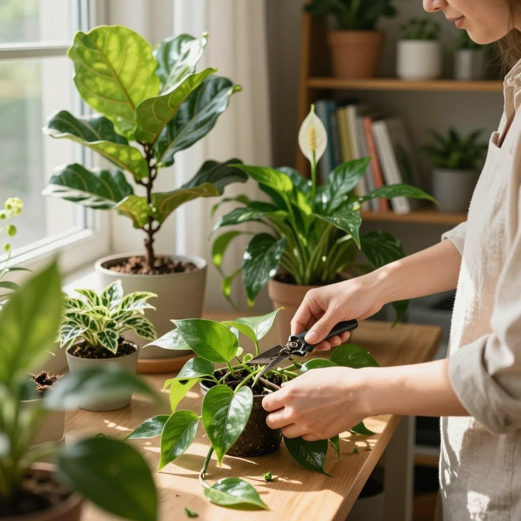 A cozy indoor setting featuring a person in a light, casual outfit carefully pruning a variety of lush indoor plants. In the foreground, the individual focuses on trimming a vibrant green pothos, showcasing the meticulous pruning process with fresh cuttings scattered around. The middle ground displays a selection of vibrant foliage, including a fiddle leaf fig and peace lily, bathed in warm, natural sunlight streaming through a nearby window. In the background, soft-focus bookshelves filled with plant care guides and decorative pots create an inviting atmosphere. The lighting is soft and warm, evoking a sense of tranquility and nurturing care, ideal for a plant care enthusiast. The angle captures the scene from a slightly elevated perspective, emphasizing both the person and the beauty of the plants.