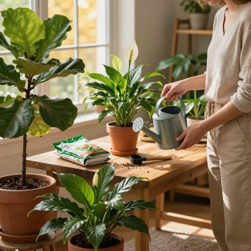 A cozy indoor setting featuring a person wearing modest casual clothing, gently fertilizing a variety of vibrant indoor plants. In the foreground, a potted fiddle leaf fig and a lush peace lily showcase their green leaves, while the person holds a small, elegant watering can filled with nutrient-rich fertilizer. The middle ground includes a stylish wooden table with various plant care tools neatly arranged, including a soil tester and organic fertilizer bags. In the background, sunlit windows filter golden light, casting soft shadows and creating a warm, inviting atmosphere. The overall mood is calm and nurturing, emphasizing the importance of care and attention for thriving indoor plants.