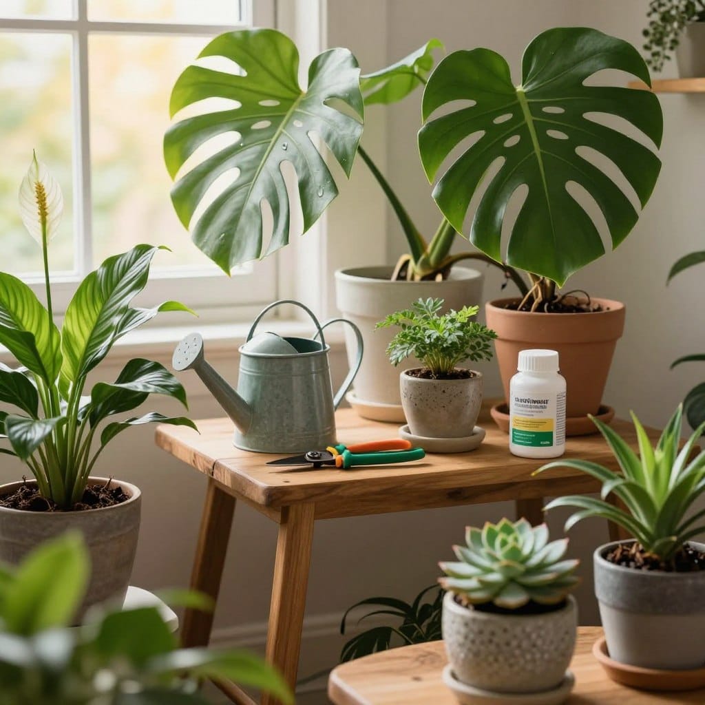 A cozy indoor setting showcasing seasonal plant care. In the foreground, a variety of vibrant indoor plants such as a Monstera, peace lily, and succulent, each in decorative pots. The middle ground features a small wooden table with gardening tools like watering can, pruning shears, and plant food arranged neatly. In the background, a window allows soft, warm sunlight to stream in, illuminating the rich greens of the plants. The overall atmosphere conveys tranquility and nurturing, evoking the essence of tending to plants through different seasons. Capture this scene with soft focus, emphasizing the plants in clear detail, while creating a welcoming and invigorating mood, suggestive of healthy indoor growth and care.