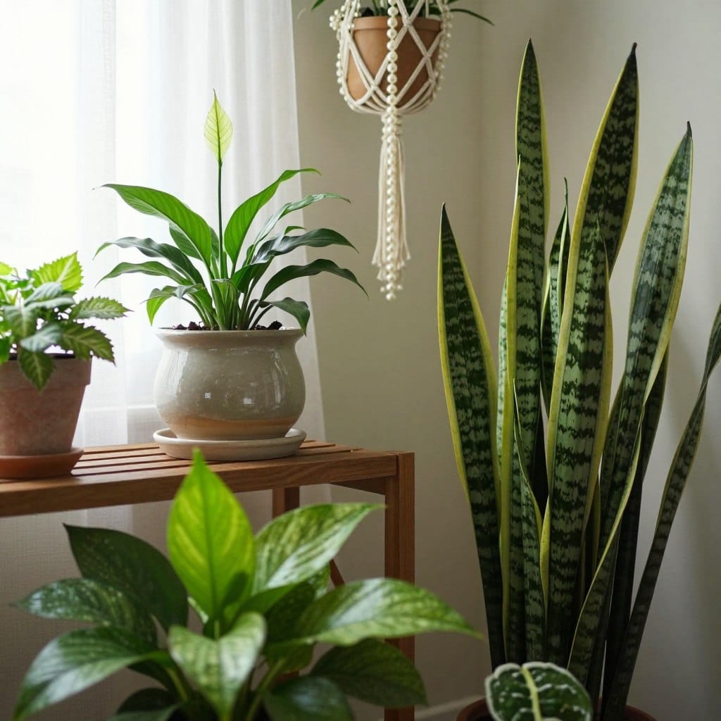 A cozy indoor space featuring a variety of lush indoor plants arranged harmoniously. In the foreground, a vibrant pothos and a tall snake plant. In the middle ground, a wooden shelf adorned with a decorative ceramic pot containing a small peace lily and a hanging macramé planter with a string of pearls. The background shows a softly lit room with natural light filtering through sheer curtains, highlighting the greenery. The atmosphere is tranquil and inviting, emphasizing the beauty and diversity of indoor plants. The scene is captured using a soft focus lens for a warm, intimate feel, promoting a sense of peace and connection to nature within the home.