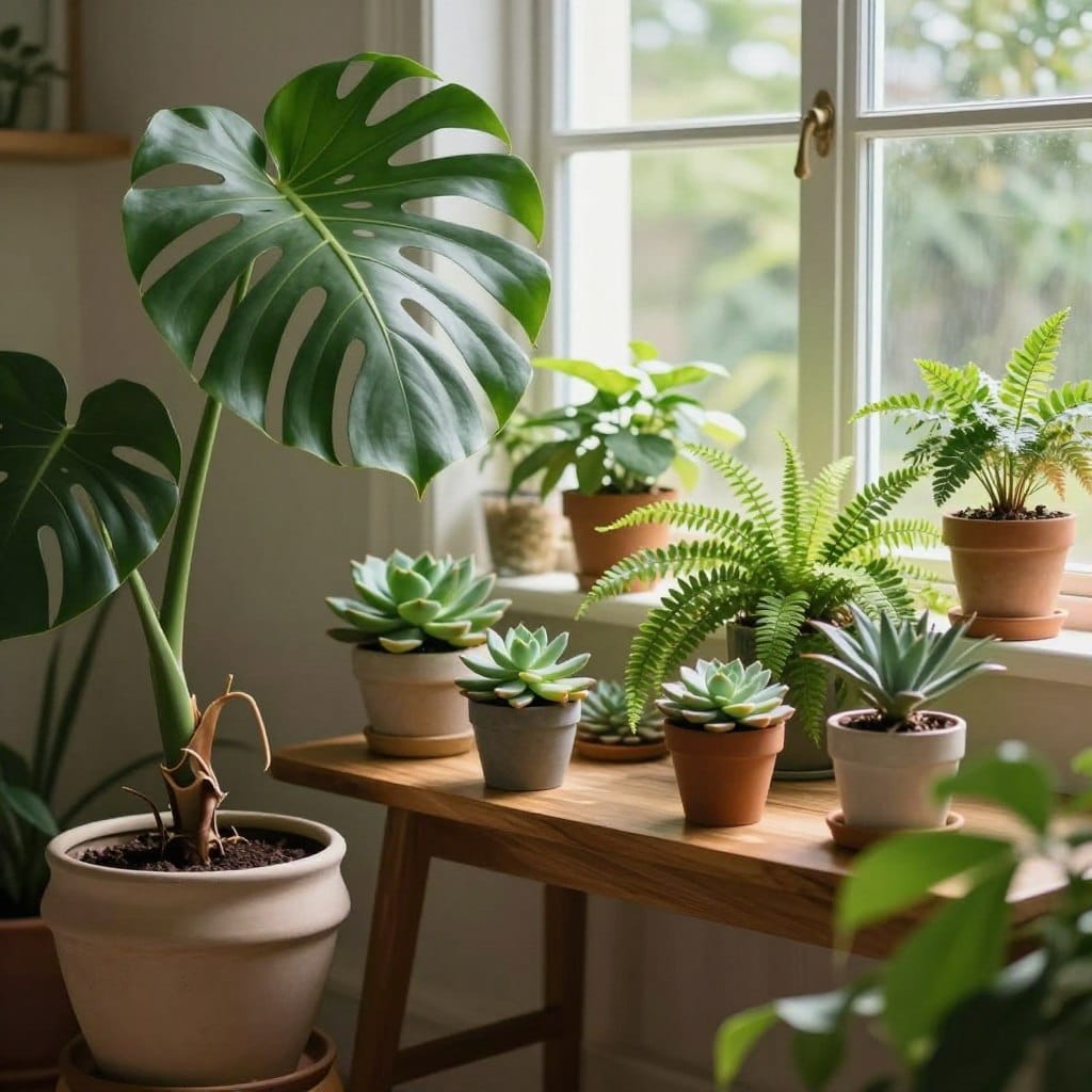 A cozy indoor space filled with lush green plants of various species, showcasing their vibrant foliage. In the foreground, a large, leafy Monstera plant stands in an elegant ceramic pot, with its distinctive split leaves. In the middle, a cluster of smaller potted plants, such as succulents and ferns, thrives on a stylish wooden table. The background features a large window letting in soft, natural daylight, illuminating the plants and casting gentle shadows. The atmosphere is serene and refreshing, evoking a sense of harmony and well-being. The image should have a warm color palette, emphasizing the greens and earth tones, captured with a shallow depth of field to highlight the plants while softly blurring the background.