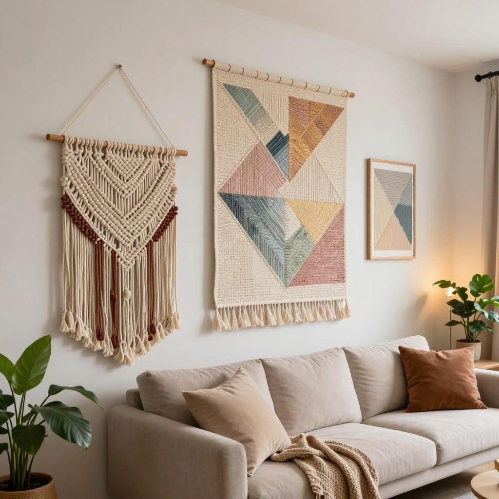A cozy living room featuring an array of beautifully woven wall hangings, set as the focal point. The foreground showcases an intricately designed macramé piece with a mix of earthy tones and natural textures, elegantly framed with minimalist wooden decor. In the middle, a large woven wall tapestry with geometric patterns, incorporating shades of cream and soft pastel colors, harmonizes with a comfy sofa adorned with complementary cushions. In the background, a softly lit space with warm ambient lighting enhances the inviting atmosphere, while potted plants add a touch of greenery. The scene is captured from a slightly elevated angle, creating depth and emphasizing the artful arrangement. The mood is tranquil and artistic, reflecting contemporary interior design trends.