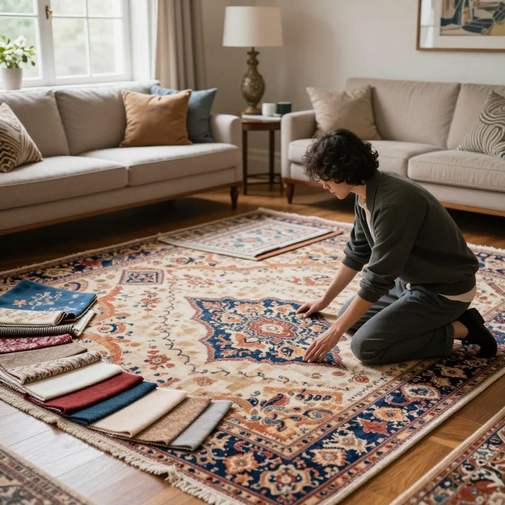 A cozy living room scene featuring a stylish interior designer selecting a living room rug. In the foreground, the designer, a person dressed in smart casual attire, kneels beside a beautiful, textured rug on a hardwood floor, examining its colors and patterns. The middle ground showcases a variety of carefully arranged rugs in different styles and materials, with swatches and fabric samples scattered around. In the background, the room features elegant furniture, soft lighting from a large window, and a warm, inviting color palette. The atmosphere is focused and inspiring, evoking a sense of creativity and style as the designer thoughtfully considers their choices. The image should be well-lit with natural light, capturing the intricate details of the rugs and the serene living space.