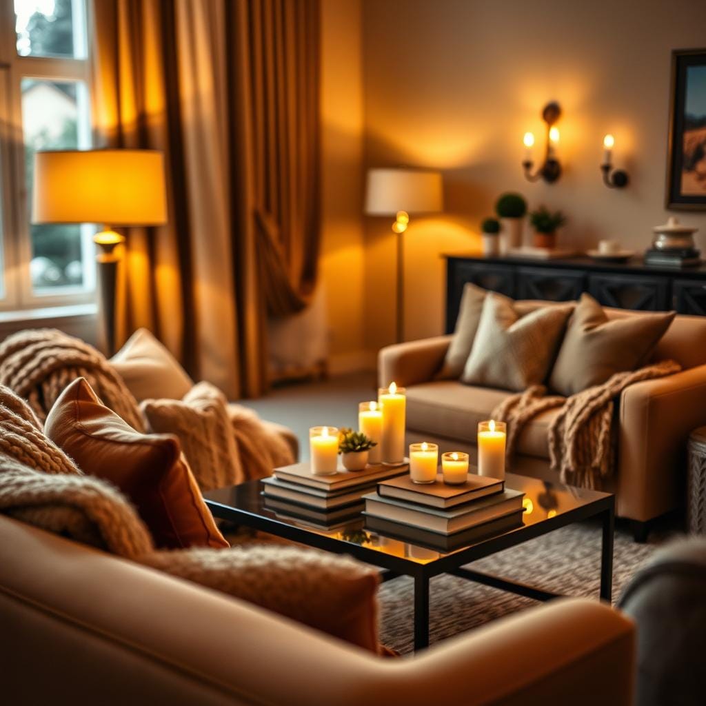 A cozy living room scene, illuminated by warm, soft lighting from stylish lamps and flickering candles. In the foreground, a plush sofa adorned with knitted throws and decorative pillows invites relaxation. The middle ground features an elegant coffee table with a stylish centerpiece of books and a small potted plant, while warm light casts gentle shadows across the space. In the background, a softly glowing floor lamp and wall sconces provide ambient light, creating a serene atmosphere. The overall color palette includes rich browns, warm creams, and subtle hints of gold, enhancing the inviting feel. The composition captures a feeling of comfort and tranquility, perfect for a sanctuary-like retreat. Shallow depth of field focuses on the details, creating a warm and intimate ambiance.