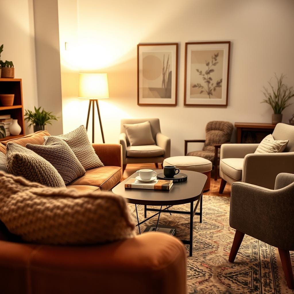 A cozy living room setting filled with textured fabrics and soft lighting. In the foreground, a plush velvet sofa adorned with knitted and woven throw pillows invites relaxation. A fluffy area rug with intricate patterns anchors the seating area. In the middle ground, an elegantly styled coffee table holds a steaming mug and a few stylish books, surrounded by a mix of ergonomic armchairs upholstered in soft linen. Ambient light glows warmly from a stylish floor lamp with a fabric shade. In the background, wall art featuring soft colors and natural elements complements the warm atmosphere. The overall mood is inviting and serene, perfect for a space without natural light, showcasing rich textures and a harmonious balance of comfort and aesthetics. The scene is captured with a soft focus lens to enhance the warmth and coziness of the ambiance.