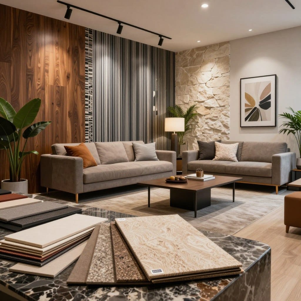 A cozy living room setting with a striking accent wall showcasing various materials such as textured wood paneling, sleek modern wallpaper, and elegant stone veneer. In the foreground, display swatches of these materials arranged aesthetically on a decorative table. In the middle, add a stylish two-seater sofa and a coffee table, highlighting the harmony of colors and textures. The background features soft ambient lighting that enhances the warmth of the room, with houseplants and artwork elegantly displayed on the walls. Use a wide-angle lens to capture the depth and spaciousness of the room, creating a welcoming and modern atmosphere, perfect for a material comparison guide.