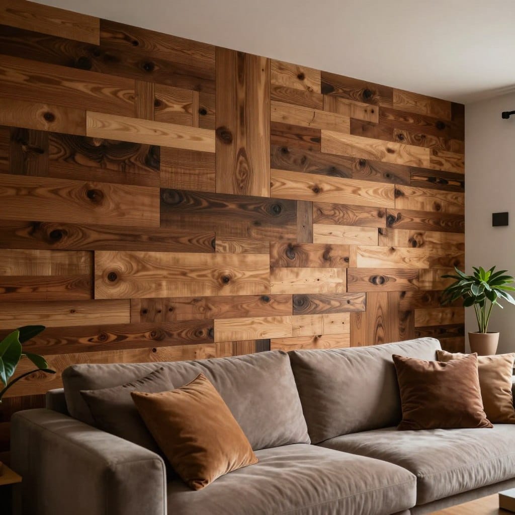 A cozy living room showcasing a striking DIY accent wall made of natural wood planks, arranged in a staggered pattern. The foreground features a stylish, modern sofa adorned with plush throw pillows in earthy tones. In the middle, the captivating wood plank wall dominates, exhibiting varied shades of brown and distinct grain textures, creating a rustic yet contemporary vibe. Soft, warm lighting illuminates the space, with shadows enhancing the depth of the wood. The background reveals a potted plant and a minimalistic shelving unit, completing the inviting atmosphere. Capture this scene from a slightly elevated angle, giving a comprehensive view of the room’s aesthetic. The mood is warm and inviting, perfect for a modern home setting.