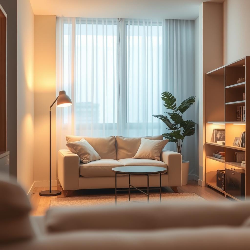 A cozy minimalist small living room, with soft, warm lighting that creates an inviting atmosphere. In the foreground, a simple, elegant sofa adorned with plush cushions sits near a small coffee table, all in neutral tones. The middle ground features a stylish floor lamp with a warm glow casting gentle light across the space, paired with strategically placed LED strip lights along a sleek bookshelf. In the background, a window reveals a soft, diffused daylight filtering through sheer curtains, enhancing the feeling of openness. The overall ambiance radiates tranquility and spaciousness, emphasizing the key concept of maximizing light in a small area. Shot with a wide-angle lens, the composition invites viewers to envision a bright and airy living space.