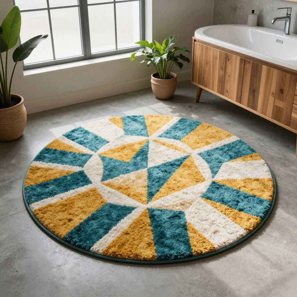 A cozy, modern bathroom featuring a plush round geometric pattern rug as the focal point. The rug displays a playful, bold design in shades of teal, mustard yellow, and white, creating a striking contrast against a sleek, minimalist concrete floor. Surrounding the rug, soft natural light filters in through frosted glass windows, illuminating the warm textures of wooden cabinetry and potted greenery. In the background, a stylish freestanding bathtub and elegant fixtures blend seamlessly into a contemporary aesthetic. The angle captures the rug from a slightly elevated viewpoint, emphasizing its shape and intricate patterns while maintaining a serene and inviting atmosphere, perfect for a small bathroom space.