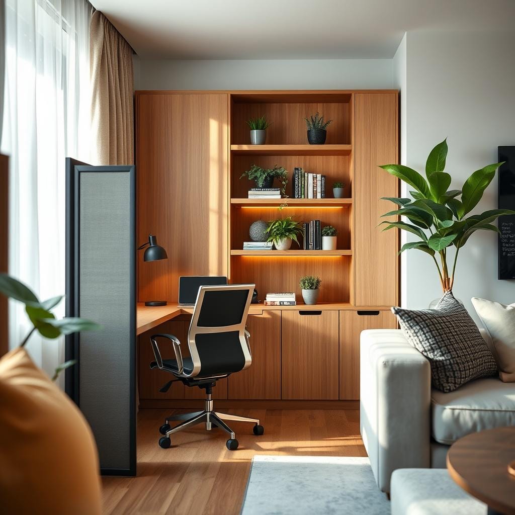 A cozy, modern home office seamlessly integrated into a stylish living space. The foreground features a sleek, hidden desk with minimalist design elements, partially closed with a decorative screen. A comfortable, ergonomic chair is positioned subtly near the desk. The middle features warm wooden shelves adorned with plants and books, enhancing a tranquil atmosphere. In the background, soft natural light filters through sheer curtains, casting a gentle glow over the room. The overall decor is a harmonious blend of neutral tones and greenery, promoting a calming ambiance. The scene captures a serene work environment, emphasizing professionalism and comfort without overtness. The angle showcases both the desk and the inviting space, creating an inspiring and functional hidden office setup.