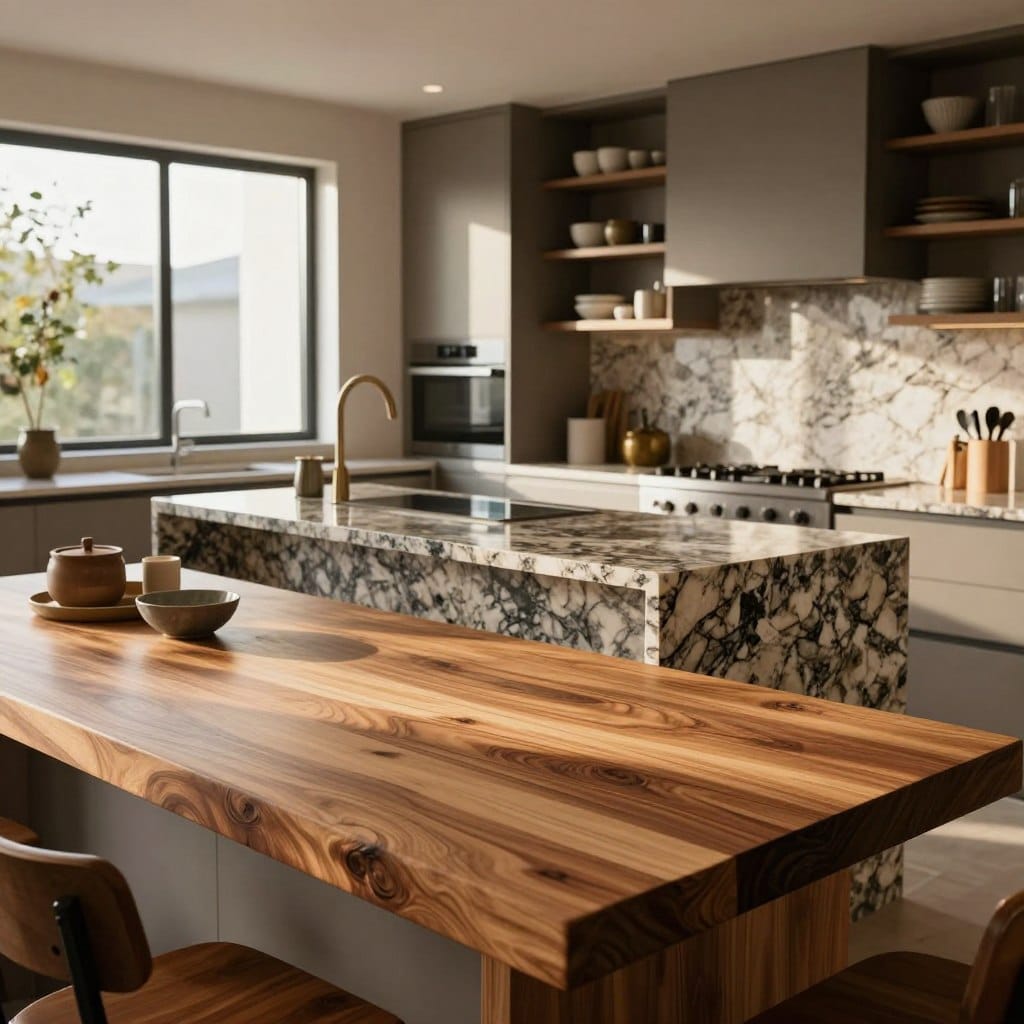 A cozy modern kitchen featuring contrasting butcher block countertops alongside sleek granite and quartz surfaces. In the foreground, elegant wooden butcher block countertops showcase warm tones and a rich grain texture, surrounded by stylish kitchen utensils. The middle ground highlights a striking granite island with dark veining, paired with a polished quartz backsplash that reflects light. The background reveals contemporary cabinetry and open shelving filled with tasteful dishware. Soft, natural light pours in through a large window, casting gentle shadows and creating an inviting atmosphere. The composition uses a wide-angle perspective to capture the full kitchen design, emphasizing harmony between materials while maintaining focus on the butcher block. Overall, the image conveys a warm, welcoming vibe perfect for a modern home.