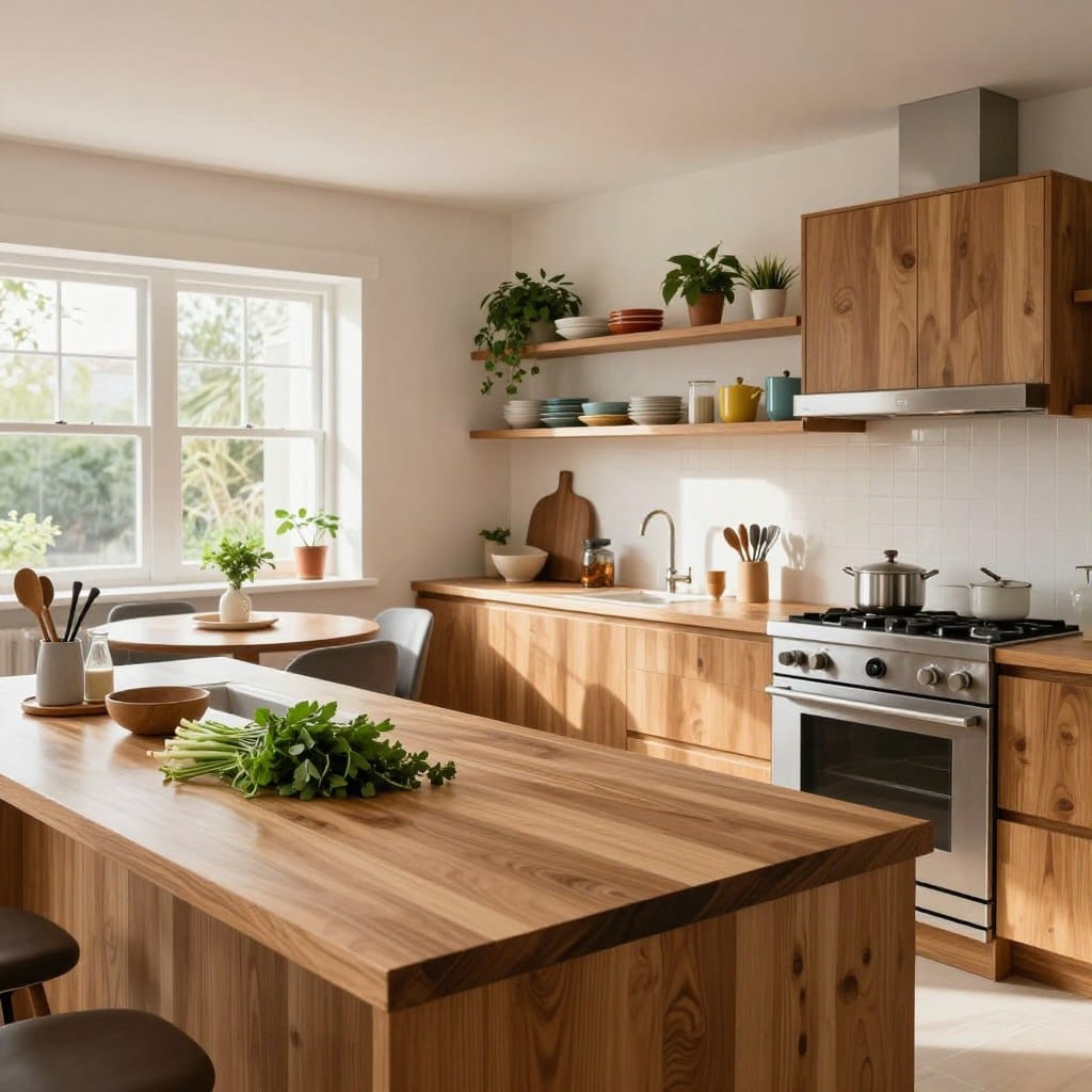 A cozy modern kitchen featuring elegant butcher block countertops, warm wooden cabinetry, and sleek stainless steel appliances. In the foreground, the inviting butcher block island showcases fresh herbs and kitchen utensils, bathed in soft, natural light from large windows. The middle ground displays a tastefully arranged dining area with minimalist decor, complemented by stylish dining chairs. In the background, open shelving holds colorful dishware and potted plants, adding vibrancy. The atmosphere is bright and airy, with a calming, welcoming feel, inviting both functionality and style. The image should capture a wide-angle perspective to emphasize the kitchen's spaciousness and design elements, with a focus on warm light that enhances the wood tones and creates a homey ambiance.