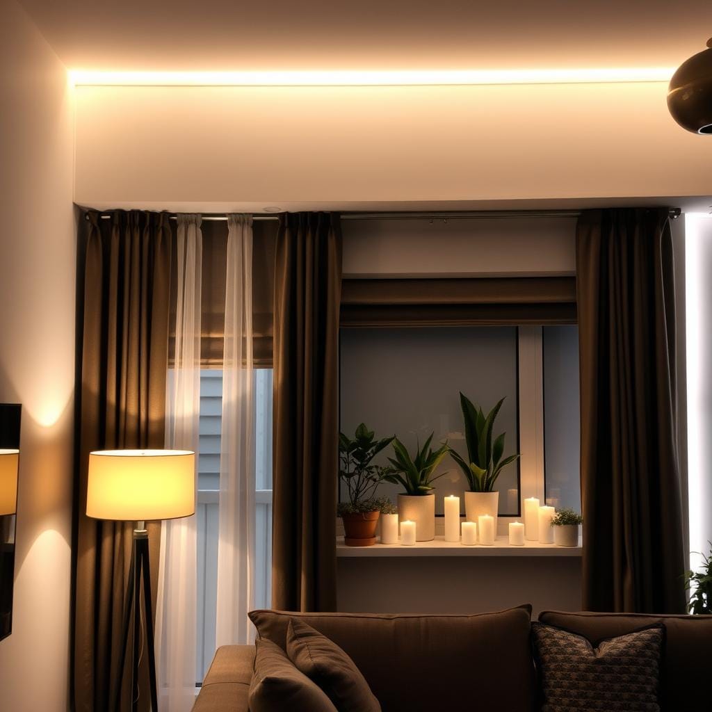 A cozy, modern living room illuminated by various artificial lighting ideas, showcasing creative window treatments designed to enhance aesthetics in spaces without natural light. In the foreground, a stylish sheer curtain softly diffuses warm glow from a floor lamp, while a set of layered blackout curtains in rich fabrics frame a large window. In the middle ground, a decorative window ledge holds an array of indoor plants and candles, adding life to the environment. The background features a minimalist wall with ambient LED strip lighting creating a soft, inviting atmosphere. The room is designed with neutral tones and warm accents, emphasizing comfort and sophistication. Capture the scene from a slightly elevated angle to highlight the interplay of light and shadows, conveying an inviting, tranquil mood.