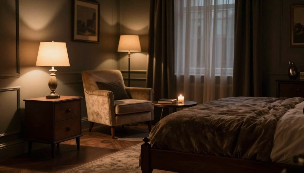A cozy moody bedroom showcasing elegant furniture design, featuring a dark wooden bed frame with plush, deep-toned bedding, and a beautifully upholstered headboard. In the foreground, a minimalist nightstand with a vintage lamp emits warm, ambient light, casting gentle shadows across the room. The middle of the space features a stylish armchair draped in soft textiles, complemented by a small, round coffee table adorned with a candle and a book. The background reveals deep, rich walls with soft lighting, enhancing the warm atmosphere. Large, floor-to-ceiling curtains frame a window, allowing muted light to filter through. The overall mood is sophisticated and inviting, emphasizing comfort within a moody aesthetic. Shot with a slight angle to give depth, using a soft focus lens to create a dreamy effect.