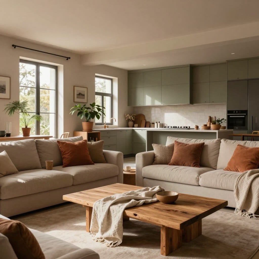 A cozy open-plan living space featuring warm earthy neutral wall colors like soft taupe, muted terracotta, and gentle olive green. In the foreground, a stylish low coffee table made of reclaimed wood is adorned with a soft linen throw and textured cushions in complementary shades. The middle ground showcases a modern kitchen area with elegant cabinetry, blending seamlessly into the living area. Large windows allow natural light to fill the room, casting soft shadows and creating an inviting atmosphere. In the background, potted plants add a touch of greenery, harmonizing with the warm tones. The overall mood is serene and comforting, reflecting contemporary design trends. Shot with a wide-angle lens to emphasize the spaciousness, and captured in soft, diffused daylight to enhance the warmth of the colors.