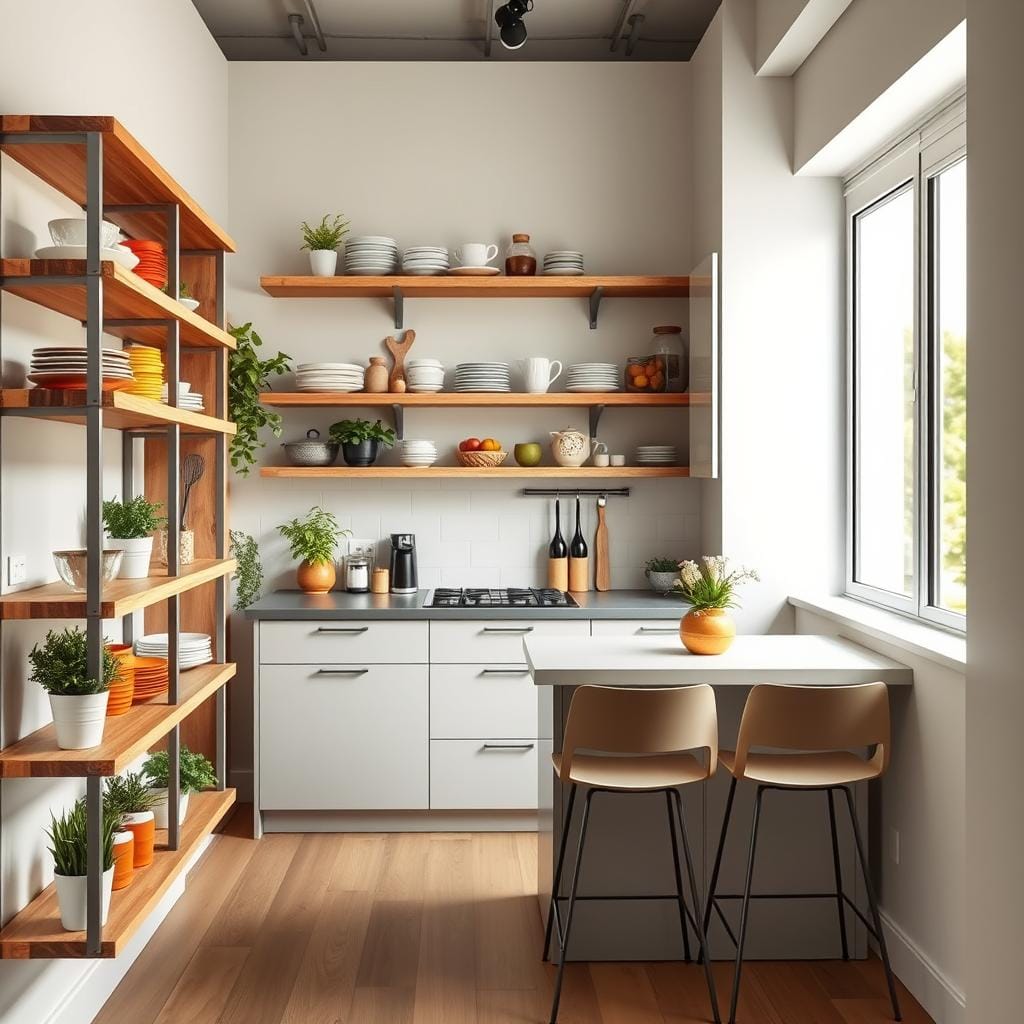 A cozy open shelving kitchen design set in a small, modern space. The foreground features neatly arranged wooden shelves showcasing a variety of colorful dishware, herbs in stylish pots, and decorative kitchen accessories. The middle ground includes a compact kitchen island with minimalist bar stools, complementing the open shelving. The background displays sleek cabinetry, soft white walls, and a window allowing natural light to flood the area, creating a warm and inviting atmosphere. Use soft, diffused lighting to enhance the friendly mood. Capture the scene from a slightly elevated angle to provide a comprehensive view, emphasizing both functionality and aesthetic appeal.