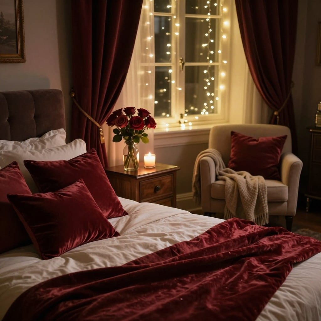 A cozy, romantic bedroom designed with a moody atmosphere. In the foreground, a plush king-size bed adorned with soft, layered throws and numerous decorative pillows in rich velvet and satin textures. The middle layer features a rich wooden nightstand with a delicate vase holding fresh roses and a softly glowing candle. A stylish, neutral-toned armchair with a throw blanket adds warmth. In the background, dark, flowing curtains frame a window draped with fairy lights, casting a twinkling glow. Warm, diffused lighting enhances the intimate ambiance, while the overall color palette includes deep reds, soft creams, and dark browns. The scene is inviting and captures the essence of a romantic retreat, reflecting tranquility and elegance.