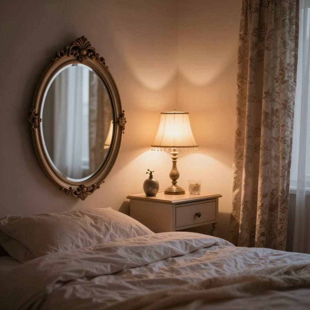A cozy, romantic bedroom featuring stylish accent mirrors that reflect soft LED lights in warm tones. In the foreground, a beautifully framed round mirror with an ornate design reflects shimmering light. The middle features a softly lit nightstand with a decorative lamp casting a warm glow, surrounded by tasteful decor items. In the background, walls adorned with subtle colors enhance the moody atmosphere, complemented by patterned curtains that drape elegantly. The room is bathed in a gentle, diffused lighting that highlights the soft textures of a plush bedding set. Use a shallow depth of field to focus on the mirror and lamp, creating a dreamy, intimate feel. The overall mood is serene and inviting, perfect for a romantic setting.