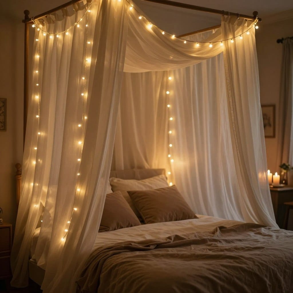 A cozy, romantic bedroom scene featuring a sensual canopy created with soft, flowing curtains illuminated by warm LED rope lights. In the foreground, delicate fabric drapes hang gracefully from a wooden frame, casting a gentle glow. The middle section reveals plush pillows and a neatly made bed in inviting earth tones, creating a serene atmosphere. In the background, softly blurred, there are hints of ambient decor such as tasteful wall art and a nightstand with flickering candles. The lighting is warm and inviting, suggesting an intimate mood. The angle is slightly high, capturing the atmospheric glow of the LEDs while emphasizing the inviting layers of fabric in the canopy. The overall ambiance should evoke a feeling of romance and tranquility, perfect for a calming evening retreat.