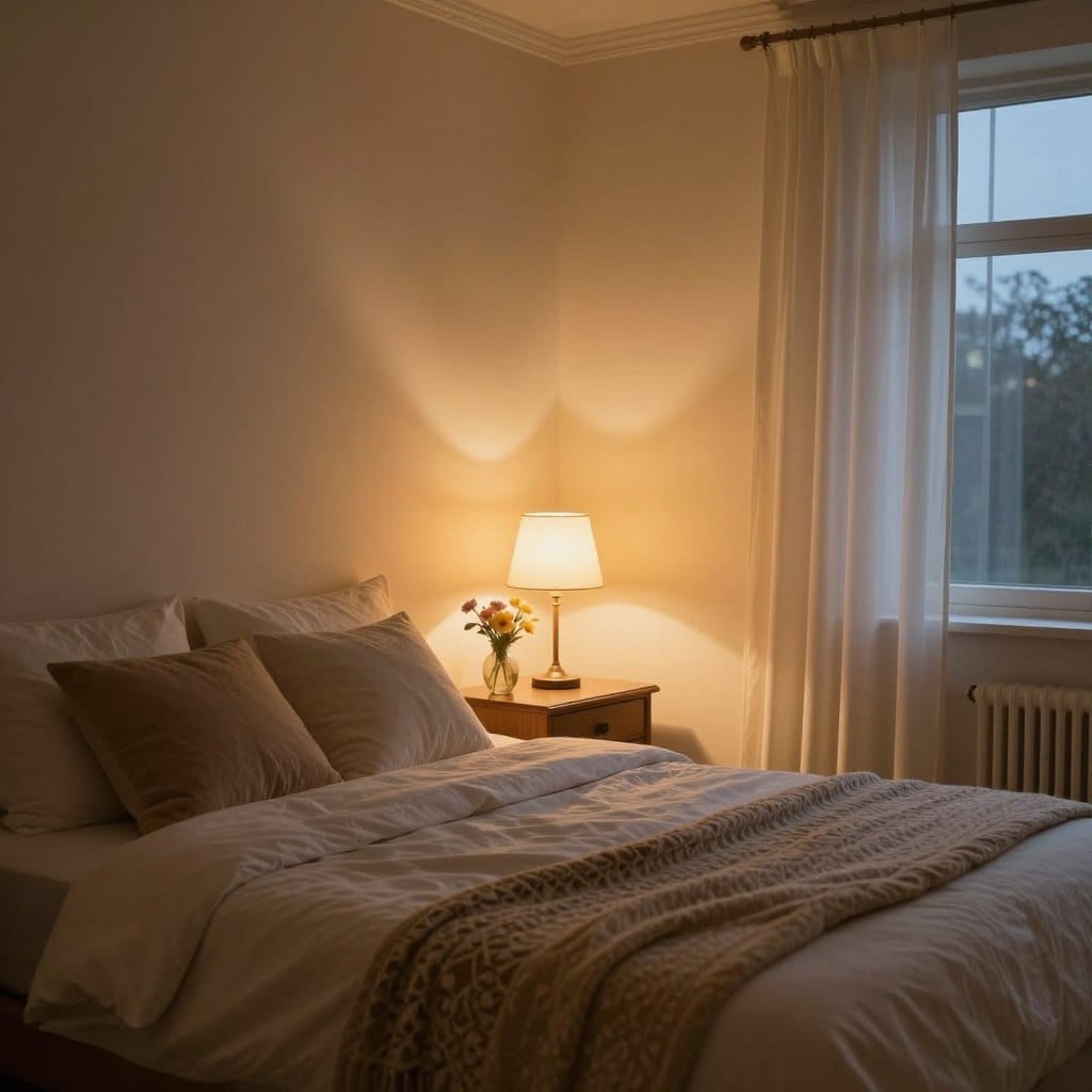 A cozy, romantic bedroom scene featuring soft LED lights in warm hues casting gentle glows on the walls. The foreground shows a neatly made bed with plush, fluffy pillows and a decorative throw blanket in muted colors. In the middle, an elegant bedside table holds a small vase of fresh flowers and a stylish lamp emitting a soft light. The background features a window with sheer curtains, allowing a hint of twilight to filter in, enhancing the moody ambiance. The overall atmosphere should evoke tranquility and intimacy, inviting the viewer into a peaceful retreat. A wide-angle lens captures the entire room, with a focus on the interplay of light and shadow, emphasizing comfort and warmth in the design.