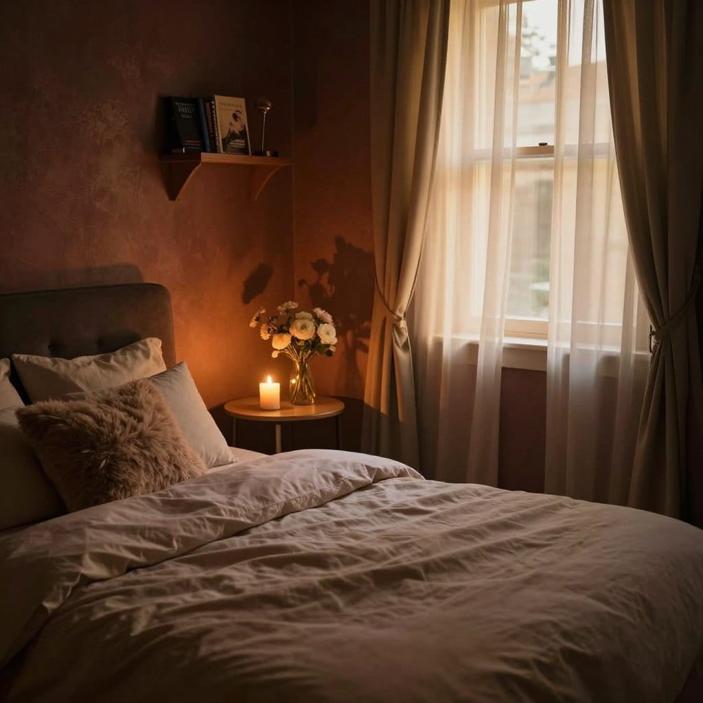 A cozy, romantic bedroom setting with a warm, inviting atmosphere. The foreground features a plush, neatly made bed dressed in soft, muted-toned bedding accented with fluffy pillows. In the middle, a stylish side table holds a flickering candle and a small vase of fresh flowers, reflecting a sense of intimacy. The background showcases richly textured walls painted in deep, moody colors, harmonized by soft ambient lighting that casts a gentle glow throughout the room. A large window draped with delicate curtains lets in filtered, golden light, creating a serene ambiance. A small bookshelf in the corner displays a few romance novels and an elegant lamp. The overall mood is tranquil and cozy, inviting viewers to envision a peaceful, romantic retreat.