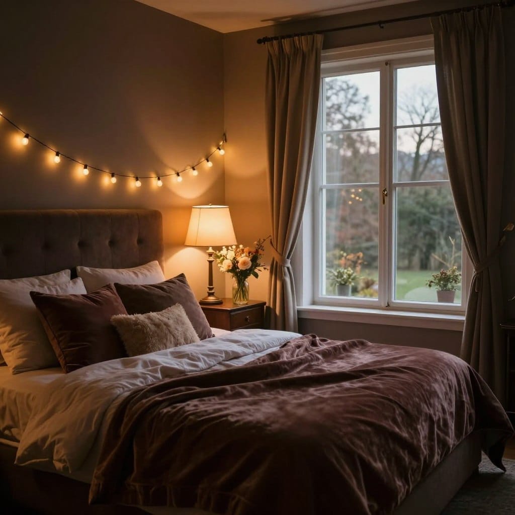 A cozy romantic bedroom softly lit with warm, dim lighting, creating an intimate atmosphere. In the foreground, a plush king-sized bed adorned with rich, dark velvet blankets and an array of fluffy pillows. Elegant string lights drape above the headboard, casting a gentle glow. The middle layer features a stylish bedside table with a vintage lamp and a vase of fresh seasonal flowers, adding a touch of nature. In the background, large windows reveal a serene outdoor view, the curtains gently swaying with a light breeze. The walls are painted in deep hues, enhancing the moody ambience. Overall, the scene exudes warmth and romance, ideal for a seasonal update that transforms the space into a dreamy retreat.