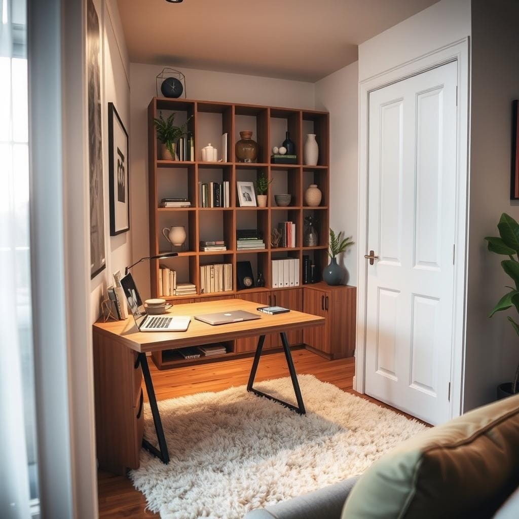 A cozy secret home office nestled in a modern living space, featuring a cleverly concealed desk that blends seamlessly into the room. In the foreground, the hidden desk is partially revealed, adorned with neatly organized stationery and a laptop, showcasing a functional yet stylish design. In the middle, the warm wooden accents of the desk contrast with a soft, plush rug beneath it. The background includes a stylish bookshelf filled with books and decorative items, framed by a large window letting in natural light. The scene is captured with a soft focus using a wide-angle lens, creating an inviting and serene atmosphere. Warm, ambient lighting enhances the cozy feel, perfect for concentrating on DIY projects. The overall mood should evoke creativity and tranquility, making it an ideal secret workspace.
