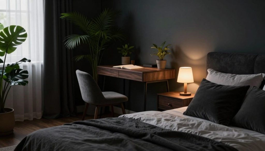A cozy small bedroom featuring elegant furniture solutions tailored for a moody aesthetic. In the foreground, a stylish, compact bed with soft, dark bedding and plush pillows. A minimalist nightstand with a small lamp emitting warm, ambient light sits next to the bed. In the middle, a small writing desk with a sleek, dark wood finish, accompanied by a comfortable chair, framed by lush indoor plants adding a touch of green. The background features deep, moody walls in rich colors, partially illuminated by a soft, natural light filtering through a window with sheer curtains. The atmosphere is intimate and sophisticated, evoking comfort and a sense of tranquility. Emphasize details like textures in fabrics and wood grains, all while maintaining a balanced composition and inviting ambiance.