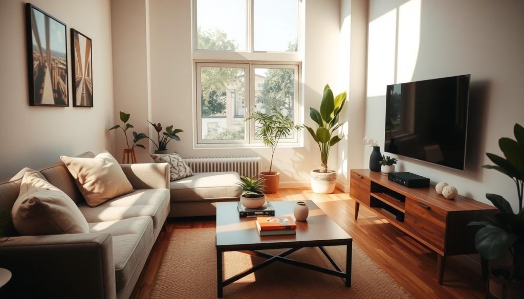 A cozy small living room designed for functionality and style, featuring a compact sofa adorned with cushions in soft, earthy tones. In the foreground, a stylish coffee table holds a few colorful books and a small potted plant. The middle ground showcases a sleek media console with decorative items and a wall-mounted TV to save space. Natural light pours in from a large window, casting gentle shadows across the room, enhancing the warmth of the wooden flooring. Houseplants in the corners add a touch of greenery. The walls are painted in a light neutral tone, creating an open and inviting atmosphere. The camera angle is slightly elevated, capturing the full layout of the room while maintaining an intimate and inviting feel.