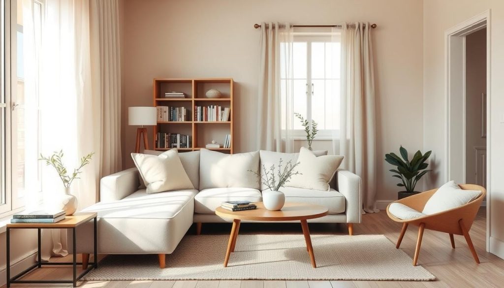 A cozy small living room designed with a neutral color palette featuring soft beiges, warm grays, and muted whites. In the foreground, a plush, light gray sofa is adorned with pastel throw pillows. To one side, a stylish wooden coffee table holds a few decorative books and a minimalist vase with greenery. In the middle, an area rug complements the color scheme, creating a cohesive look. The background includes a simple bookshelf filled with neatly arranged books and a few tasteful decor items. Natural light pours in from a large window with sheer curtains, casting a warm, inviting glow throughout the space. The overall atmosphere is serene and harmonizing, emphasizing style and functionality in a compact living area.