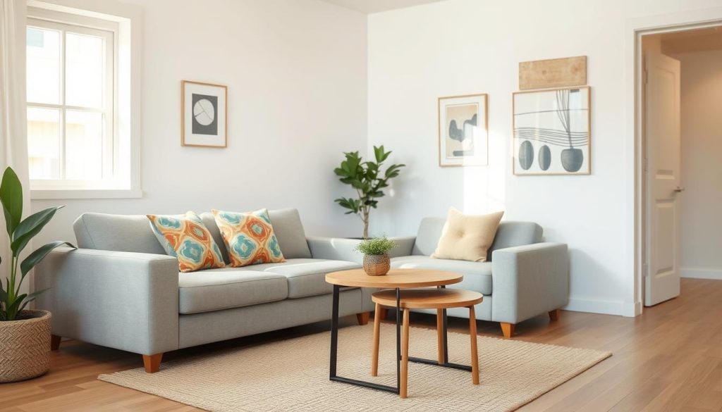 A cozy small living room featuring a stylish convertible sofa in soft gray fabric, positioned in the foreground. The sofa is adorned with colorful patterned cushions, inviting relaxation. Beside it, a set of sleek nesting coffee tables in warm wood tones are elegantly arranged, showcasing a modern design. In the middle ground, a minimalist rug adds texture, while a potted plant infuses a touch of greenery and life. The background reveals light, airy walls with tasteful art pieces, creating a harmonious and inviting atmosphere. Soft, natural light streams through a nearby window, illuminating the space, accentuating the clean lines and functional elegance. The overall mood is warm and welcoming, perfect for maximizing both style and comfort in a small living area.