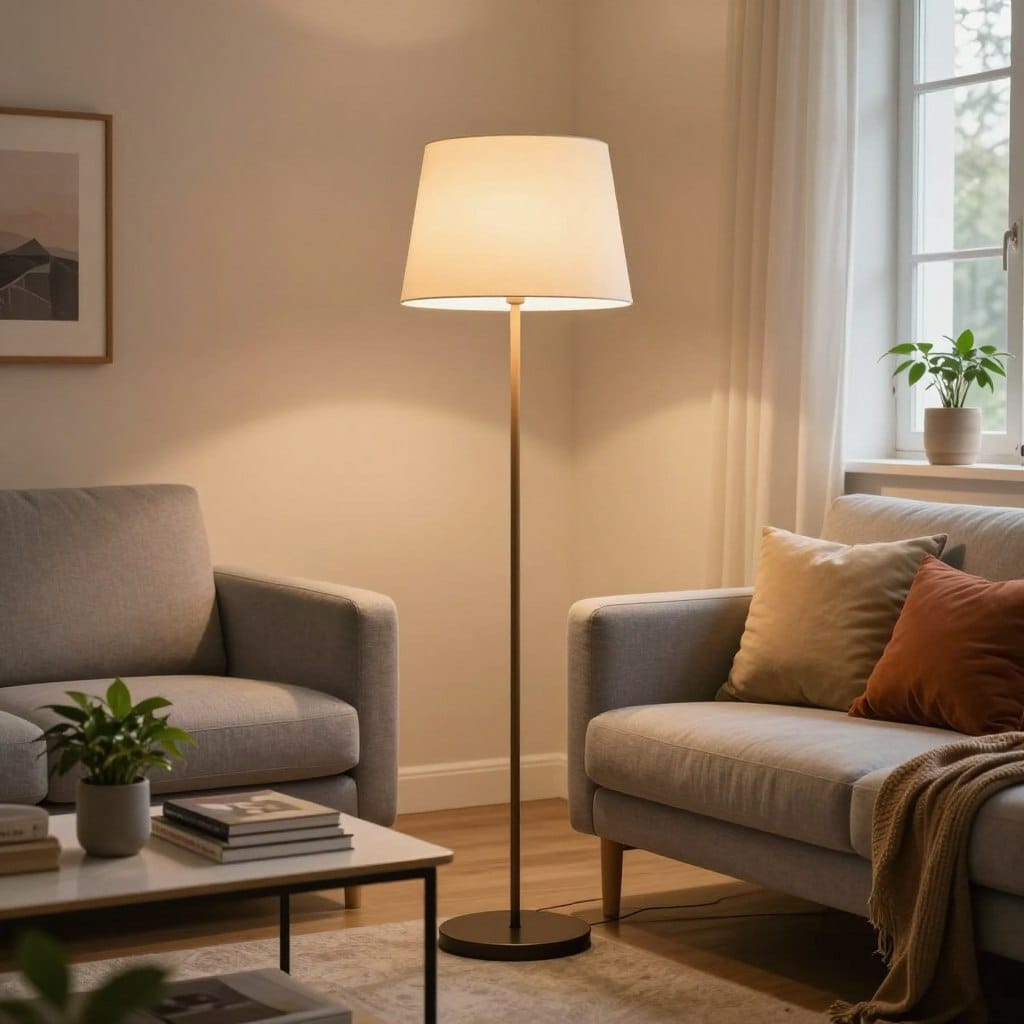 A cozy small living room featuring a stylish floor lamp in the foreground, with a sleek, soft-colored shade casting warm light. The lamp stands beside a modern sofa upholstered in light grey, complemented by colorful throw pillows. In the middle ground, a minimalist coffee table with a few art books and a fresh plant adds a touch of greenery. The background shows soft, warm-toned walls with a few framed pictures, and a window allowing gentle daylight to mix with the lamp's glow, creating a welcoming atmosphere. The scene is captured from a slightly elevated angle to emphasize the lamp's height and sculptural presence, evoking a calm and inviting mood perfect for a relaxing evening.