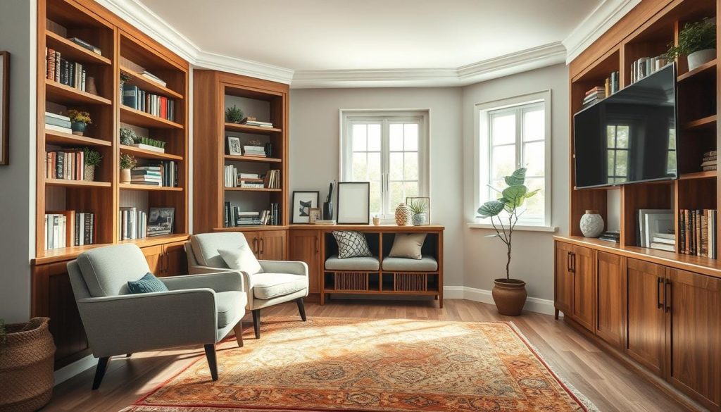 A cozy small living room featuring built-in bookcases and a storage nook, designed with a blend of modern and rustic elements. In the foreground, showcase a stylish armchair next to a warm, inviting area rug. The middle layer should highlight elegant wood bookcases filled with neatly arranged books, decorative plants, and art pieces. Include a charming storage nook with plush cushions, perfect for reading or relaxing. The background displays a softly lit window bringing in natural light, enhancing the room's warmth. Use a wide-angle lens to capture the full essence of the space, with a mellow color palette that evokes a soothing atmosphere, ideal for small living room decor.