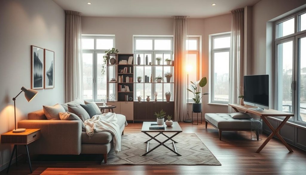 A cozy small living room featuring multi-functional furniture designed for maximum space efficiency. In the foreground, a stylish convertible sofa doubles as a bed, adorned with throw pillows and a soft blanket. Adjacent, a sleek coffee table with hidden storage is paired with foldable chairs. The middle area showcases a compact bookshelf that serves as a room divider, filled with books and decorative plants. In the background, large windows allow natural light to flood the space, accentuating light-colored walls and wooden flooring. Warm, inviting lighting enhances the atmosphere, and a small rug unifies the seating area. The mood is modern and relaxed, showcasing creative solutions for small living spaces, captured from a slightly elevated angle to showcase the furniture's functionality.