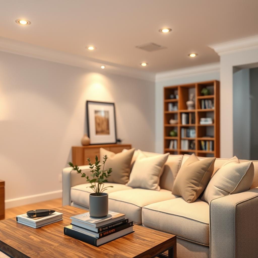 A cozy small living room showcasing ambient lighting with recessed can lights. In the foreground, a stylish coffee table with a decorative plant and a stack of books. The middle ground features soft, warm lighting emanating from elegantly installed recessed can lights in a white ceiling, subtly illuminating a plush sofa with neutral-colored throw pillows. In the background, a tastefully arranged bookshelf and a simple piece of wall art add character to the space. The atmosphere feels inviting and peaceful, enhanced by the soft glow of the lights against pastel wall colors. The angle captures the room from a slightly elevated perspective, highlighting the layered lighting effect, and the overall mood is serene and homely.
