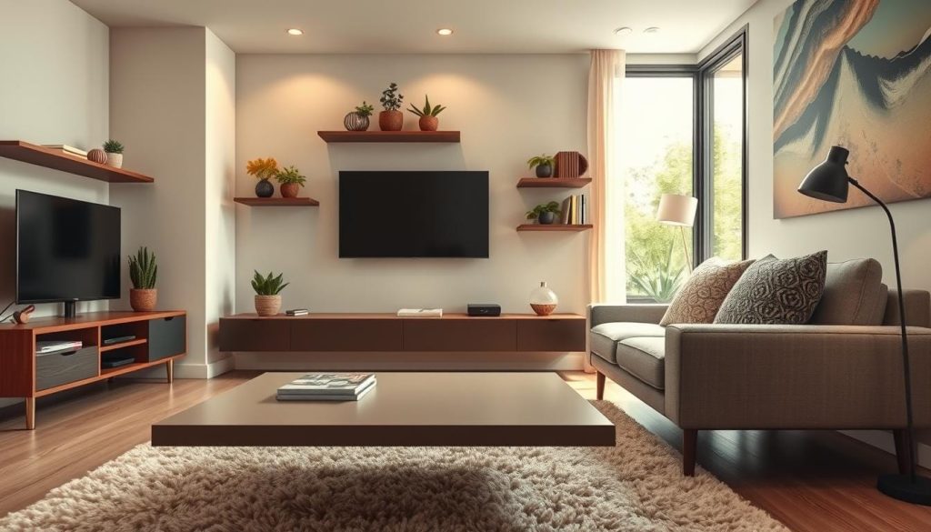 A cozy small living room showcasing innovative decor with floating furniture and a wall-mounted TV. In the foreground, a sleek, minimalist coffee table appears to hover above a plush area rug, expertly designed to maximize space. The middle section reveals a stylish wall-mounted TV surrounded by decorative shelving that holds plants and books, all integrated into the wall. A compact, modern couch sits against another wall, adorned with textured pillows. The background features a large window allowing natural light to flood the room, enhancing the airy atmosphere. Soft, warm lighting creates an inviting feel, while the angle captures the entire layout, emphasizing functionality and style. The color palette blends soft neutrals with pops of color for a harmonious look.