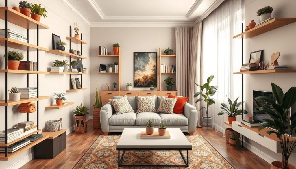 A cozy small living room showcasing innovative vertical storage solutions. The foreground features elegant floating shelves, filled with decorative plants, books, and small art pieces, arranged neatly along the walls. In the middle, a stylish, compact sofa is adorned with patterned cushions, facing a sleek coffee table. The background reveals a bright window with soft, flowing curtains, allowing natural light to bathe the space in warmth. The overall color palette combines soft neutrals with vibrant accents, creating a welcoming atmosphere. Use a wide-angle lens to capture the entire space, highlighting the height of the shelves and the intimate feel of the room. The mood is serene and stylish, inviting readers to envision a functional yet chic living area that maximizes vertical space.