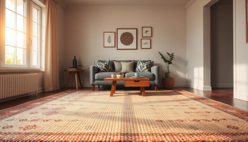 A cozy small living room showcasing layered area rugs for texture and zoning. In the foreground, a soft, colorful Persian rug is layered over a larger neutral jute rug, creating a warm and inviting feel. The middle section features a stylish, compact couch adorned with patterned cushions, next to a small coffee table made of reclaimed wood. On the walls, minimalistic, artfully arranged wall decor adds personality. The background includes a large window that lets in golden, warm sunlight, casting gentle shadows. The angle captures the depth of the room, emphasizing the contrasting rug textures and inviting ambiance. The overall mood is stylish and serene, with a sense of warmth and comfortable sophistication.