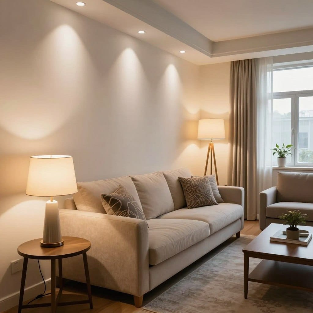 A cozy small living room showcasing layered lighting techniques. In the foreground, a stylish side table with a sleek table lamp emitting warm light. In the middle, a plush sofa with decorative cushions, illuminated by a mix of soft overhead recessed lights and accent wall sconces casting gentle shadows. A beautiful floor lamp stands next to the sofa, contributing ambient light. In the background, a large window allowing natural light to filter in softly, enhancing the overall brightness of the room. The scene has a warm, inviting atmosphere, with a color palette of soft neutrals and pops of color. Capture this interior from a slightly elevated angle to emphasize the effective layering of light sources, creating a harmonious, bright space perfect for relaxation and social gatherings.
