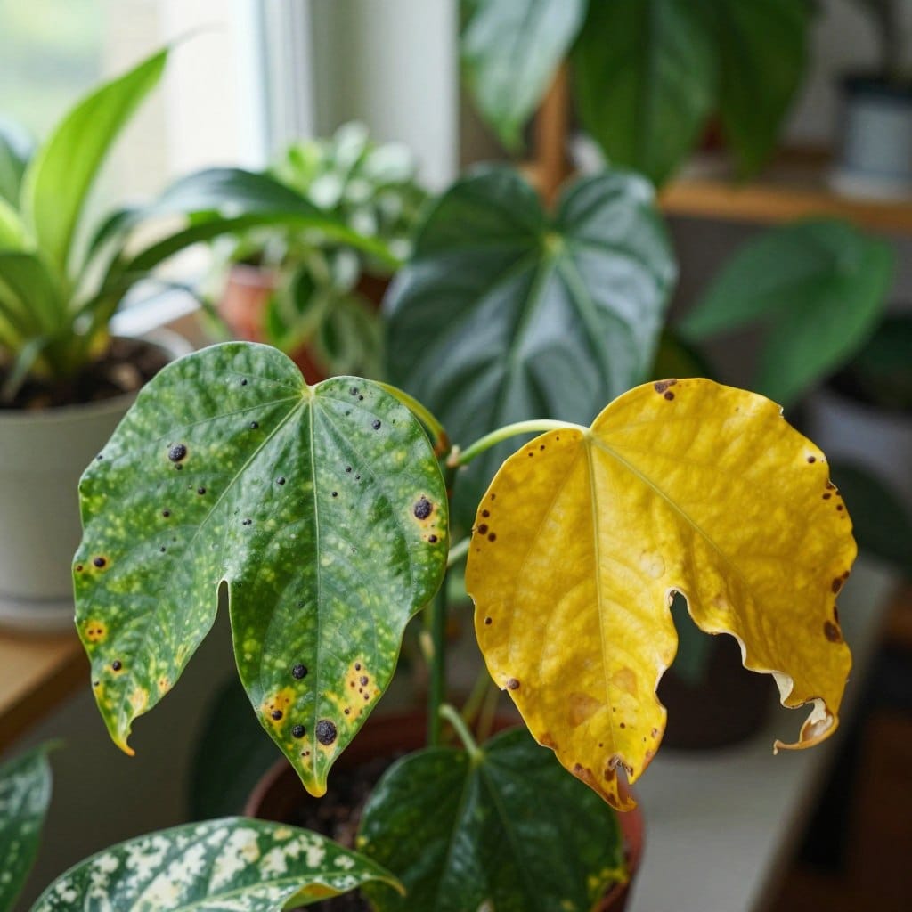 A detailed close-up view of indoor plant leaves exhibiting various signs of disease, such as yellowing, spots, and curling edges. In the foreground, focus sharply on two neighboring plants: one with vibrant green leaves displaying small, round black spots indicating fungal infection, and another with drooping yellow leaves showing signs of nutrient deficiency. The middle ground features a blurred array of different houseplants, creating a rich tapestry of textures and colors. The background is softly lit, resembling a cozy indoor setting with sunlight filtering through a window, casting gentle shadows. The mood is informative yet engaging, capturing the urgency and importance of diagnosing plant ailments for the health of indoor greenery.