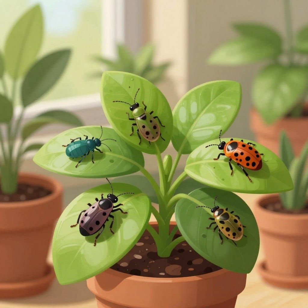 A detailed illustration of common houseplant pests, including aphids, spider mites, and mealybugs, nestled among vibrant green leaves of a potted plant. In the foreground, the pests are magnified on the leaves, showcasing their distinct features and colors with precision. The middle ground displays a variety of lush houseplants in different pots, adding depth and context. The background features a soft-focus indoor environment with warm, natural lighting filtering through a window, creating a serene atmosphere. The overall mood is educational and informative, aimed at helping viewers identify these pests. The image maintains a professional aesthetic, free from any text or overlays.